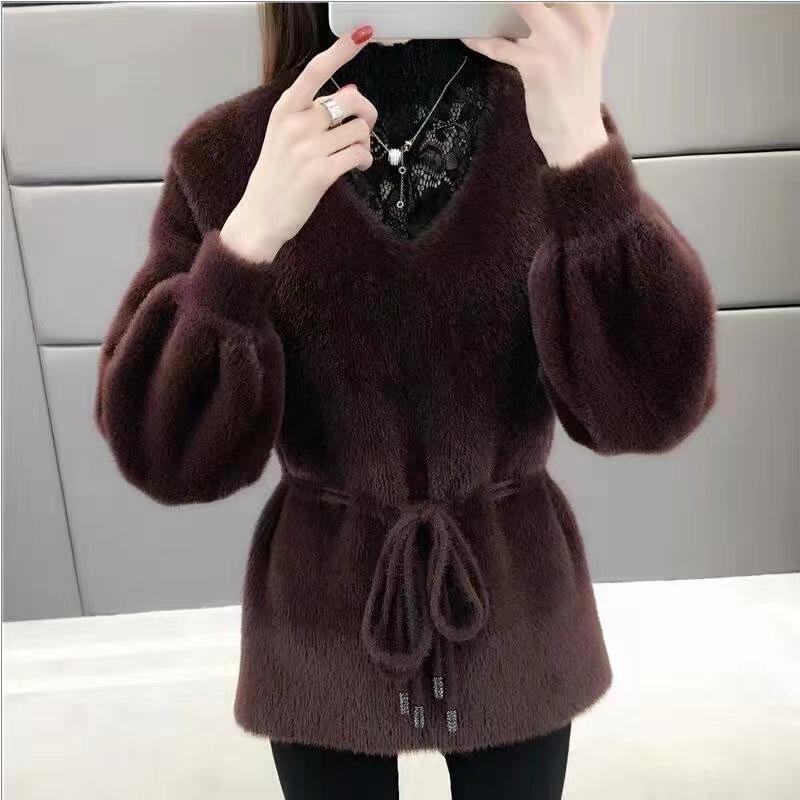 

Lace splicing imitation mink purple top autumn and winter new loose thickened knitted bottoming sweater women One size кофейный