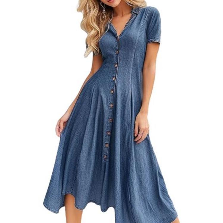 Summer Short Sleeve Women s Denim Shirt Dress V Neck Lapel Button Down A Line Swing Pleated Midi Dress S синий