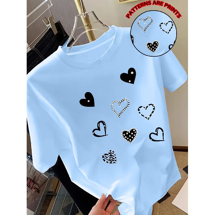 Pearl Heart Print Round Neck Women's Short Sleeve Top T Shirt Spring and Summer Luxury-style Women's Tops