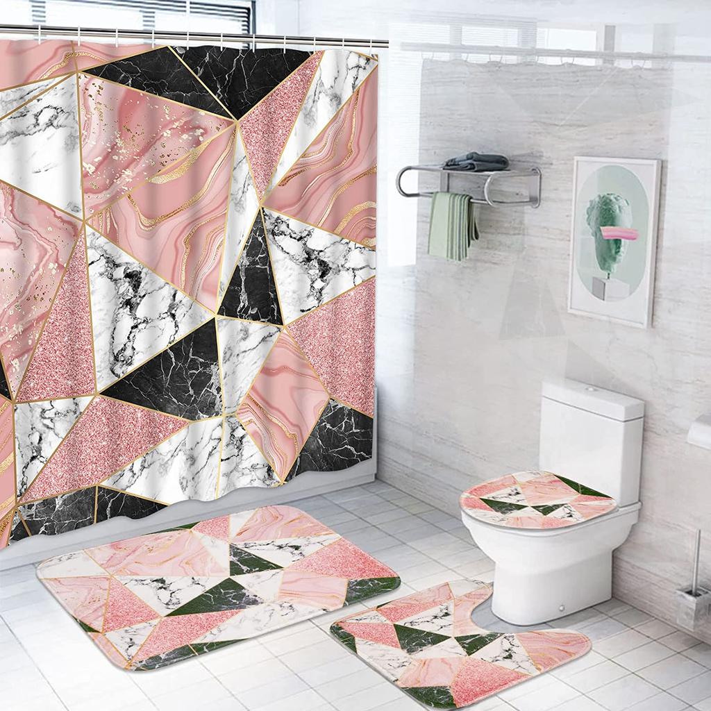 Flash Pink Marble Shower Curtains Shiny Decor For Bathroom Polyester Fabric Decorative Bath Screen Toilet Cover Carpet Wc Sets
