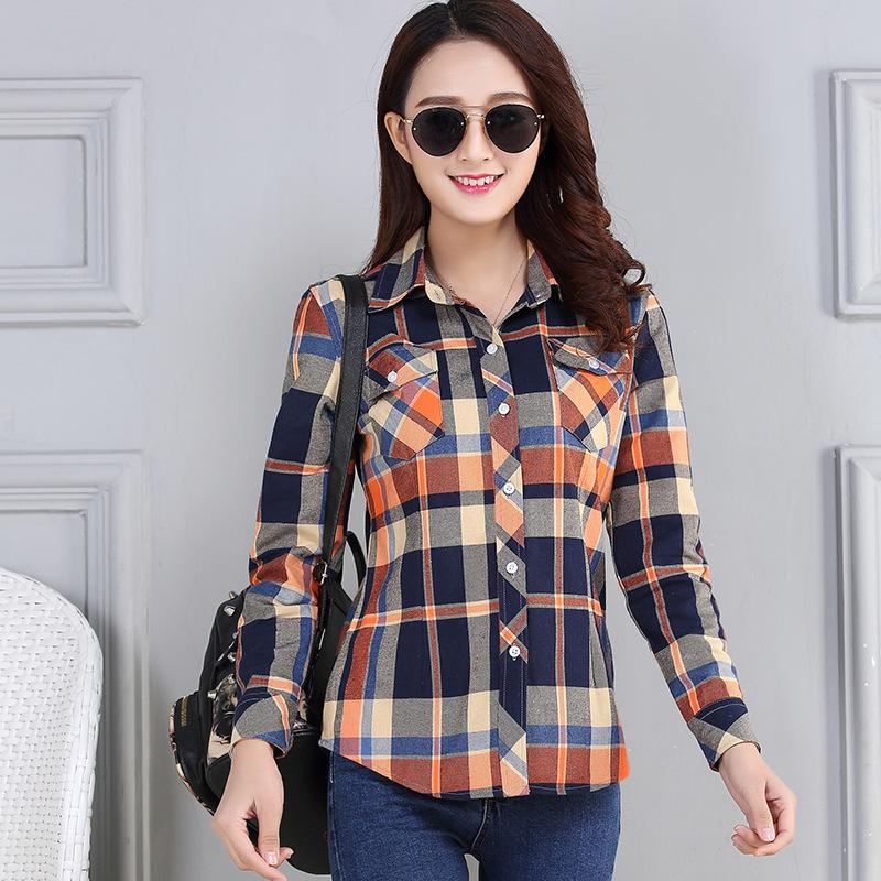 Plaid Shirt Women's Long-sleeved Spring and Autumn Full-length Bottoming Shirt