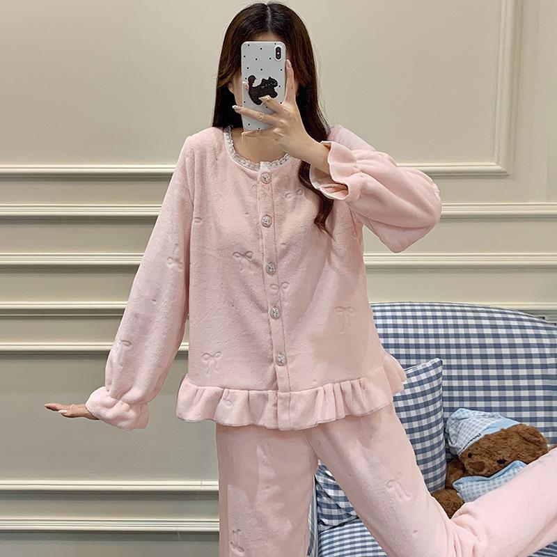 Woody warm flannel pajamas women's winter princess wind sweet milk fleece cardigan thickened loungewear set