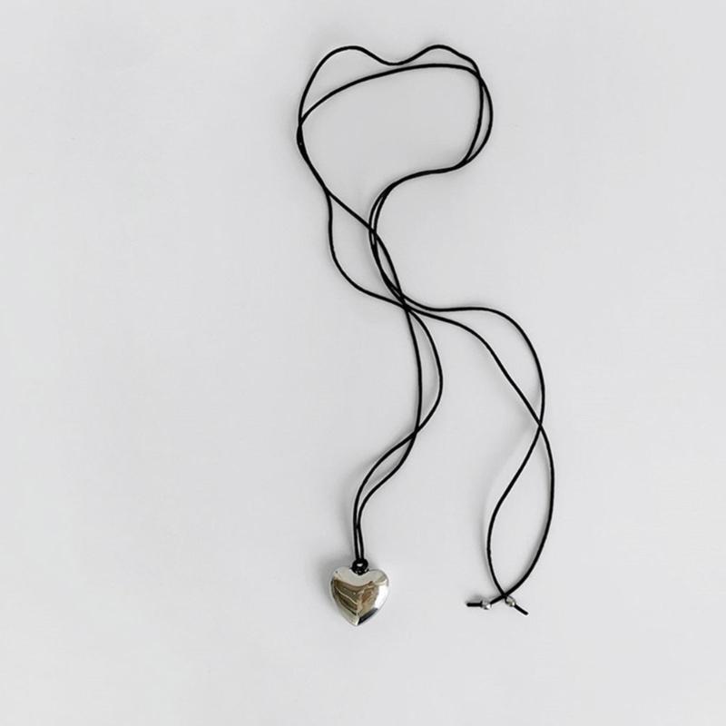 Goth Black Rope Big Heart Pendant Choker Necklace for Women Elegant Weave Knotted Bowknot Adjustable Chain Jewelry
