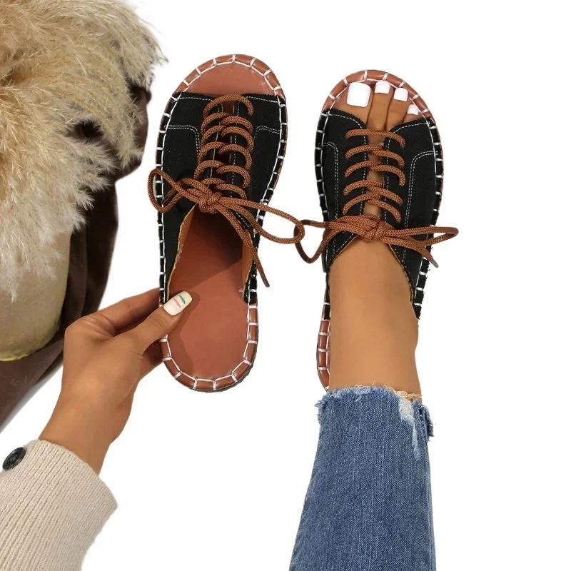 Mode Damskor på Erbjudande 2025 Nytt Märke Öppen Tå Casual Tofflor Kvinnor Utomhus Rund Tå Låg Klack Plus Storlek Snörning Dam Sandaler