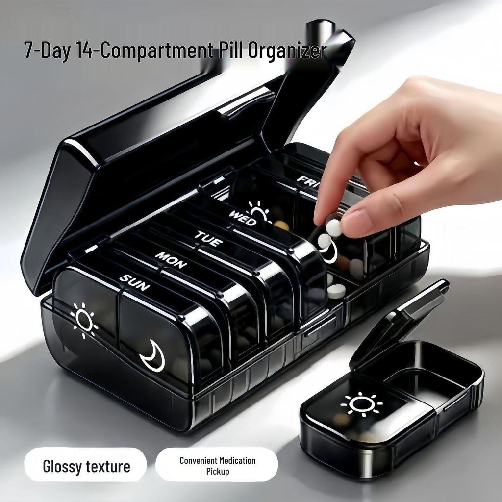 Weekly 14-Compartment Morning & Evening Pill Box, Easy Dispensing, Twice Daily Small Plastic Organizer