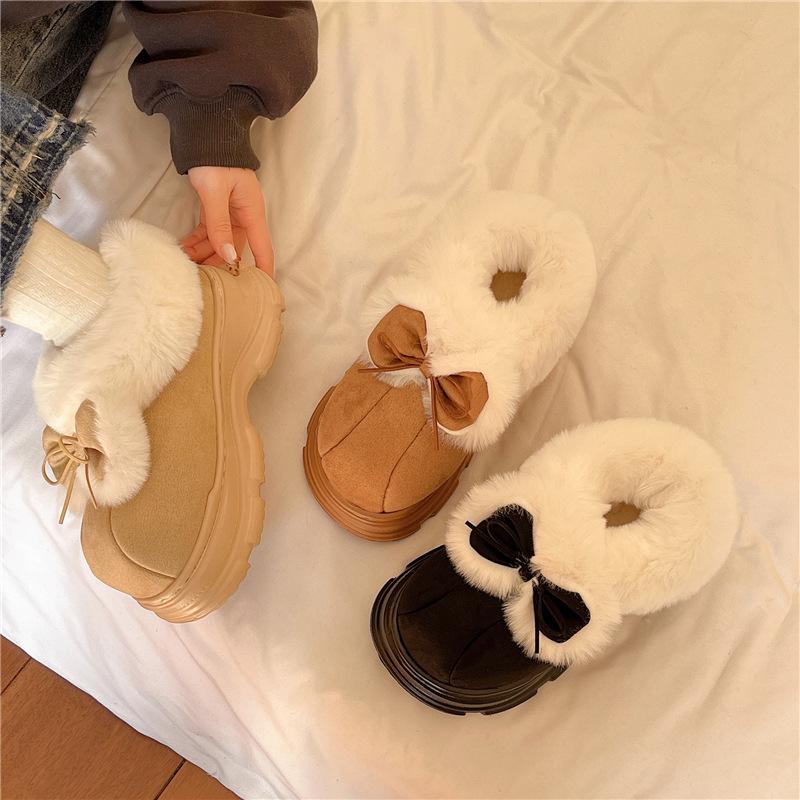 Women's Large Size Bow Tie Soft Elastic Winter Warm Cold Padded Snow Boots Non-slip Wear-resistant Outdoor Leisure Sports Cotton Boots