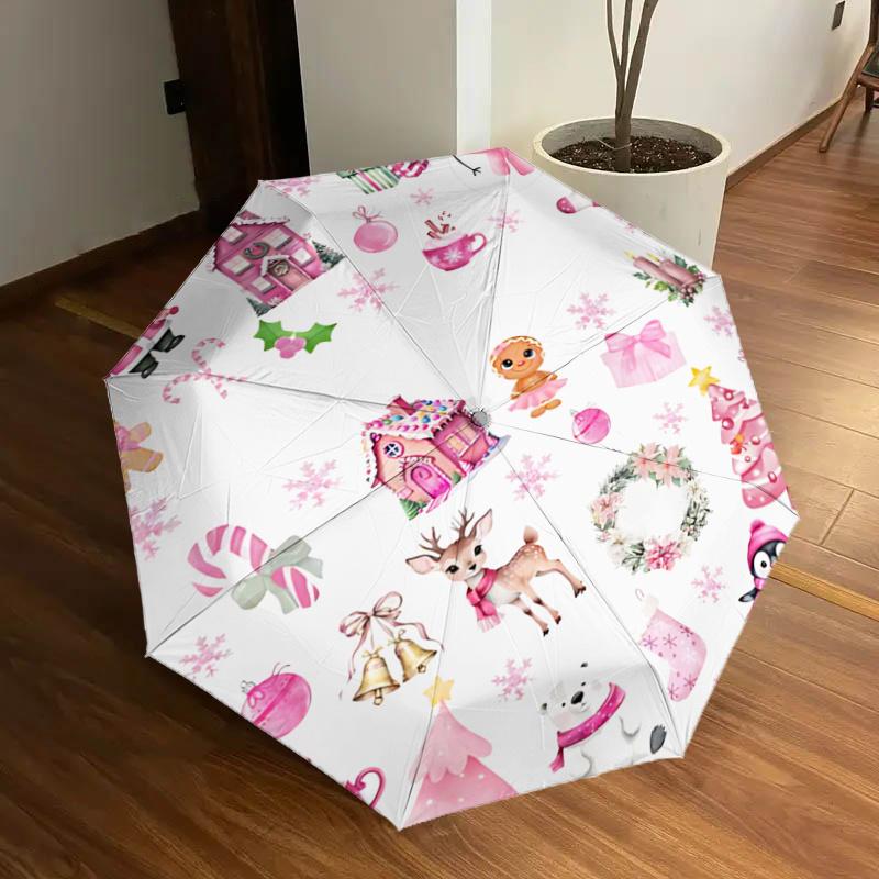 

Pink Christmas Holiday Umbrella, Gingerbread Man, Snowman, Presents, Candy Canes, Trees, and More - Festival Gift for Fans, Travelers, Daily