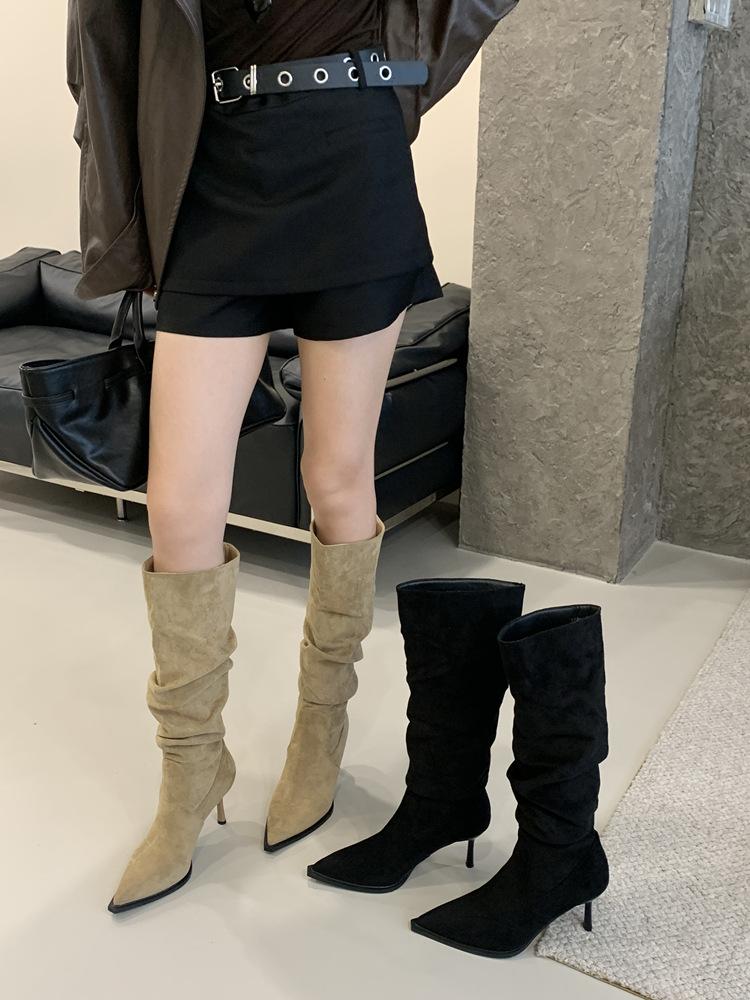 Retro Pointed Suede Thin Heel Thin Boots Women's Stacking Boots Belt Buckle Pleated High Heel Thin Boots