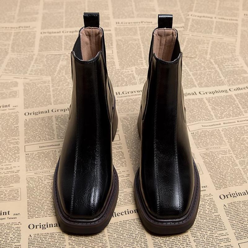 Mid Heels Women Ankle Chelsea Boots Square Toe Shoes Classic Winter Motorcycle Boots New Brand 2024 Walking Goth Zapatos Mujer