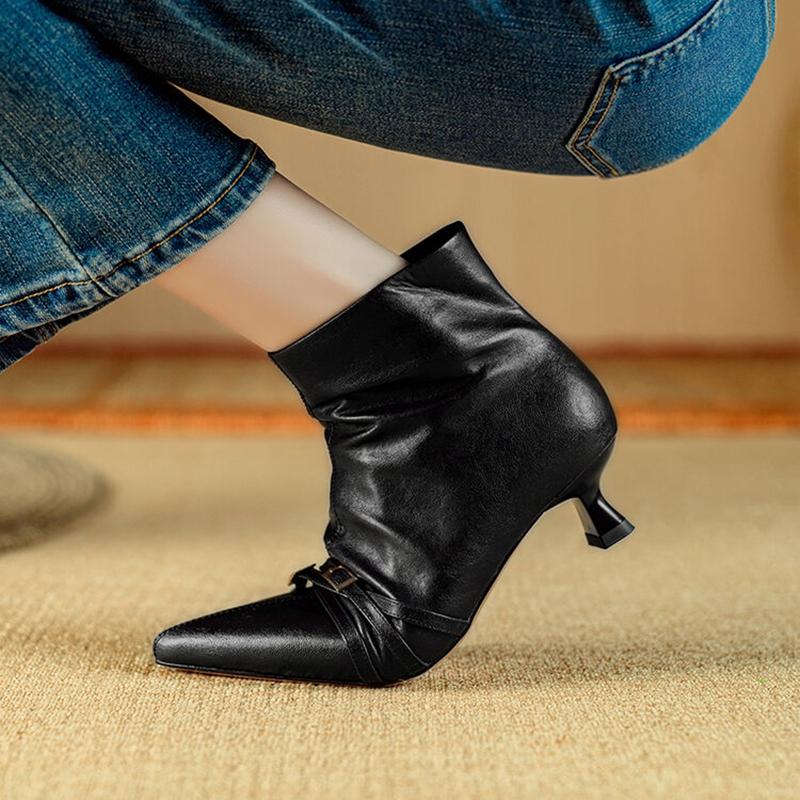 Fashion NEW Autumn/Winter Women Boots Pointed Toe Kitten Heel Shoes Split Leather Shoes Women Zip Ankle Boots Belt Buckle Modern Boots