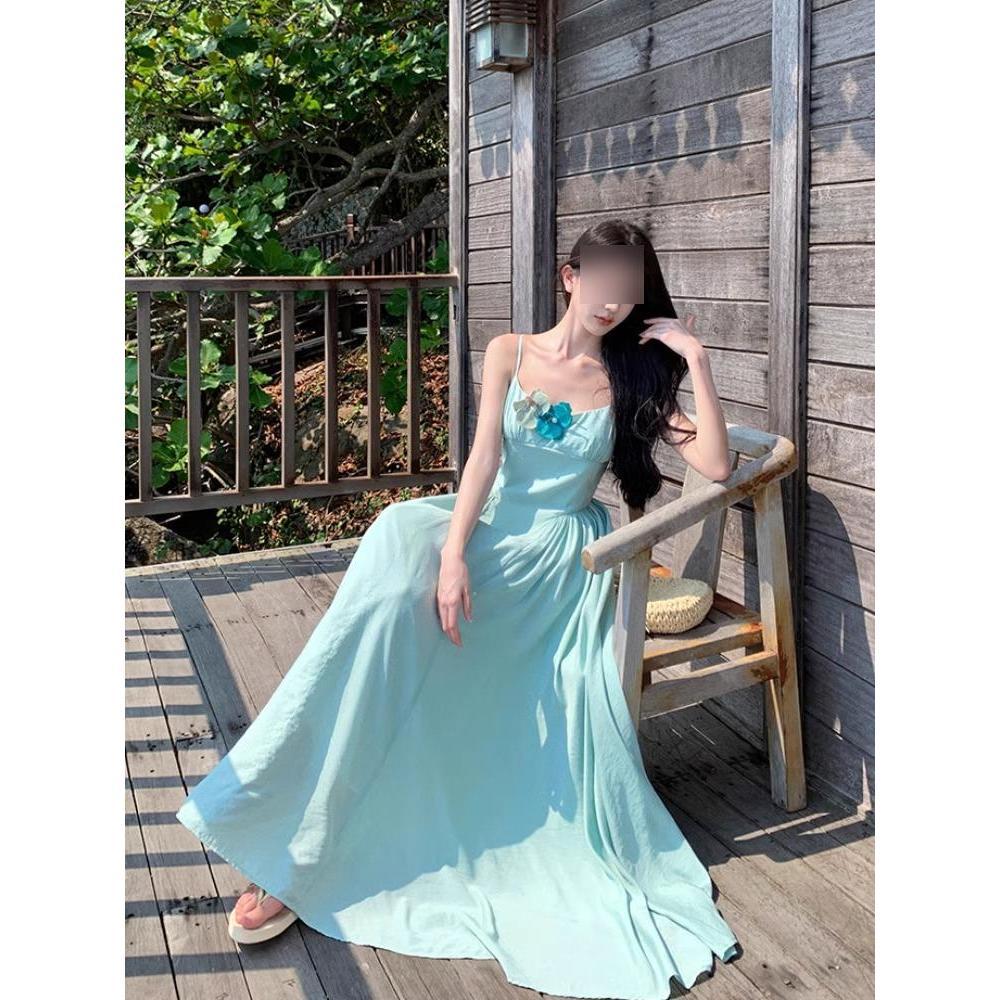 Super Fairy Pendulum Shows White Blue-green Atmosphere Temperament Suspender Tube Top High-end Long Skirt Seaside Vacation Beach Skirt