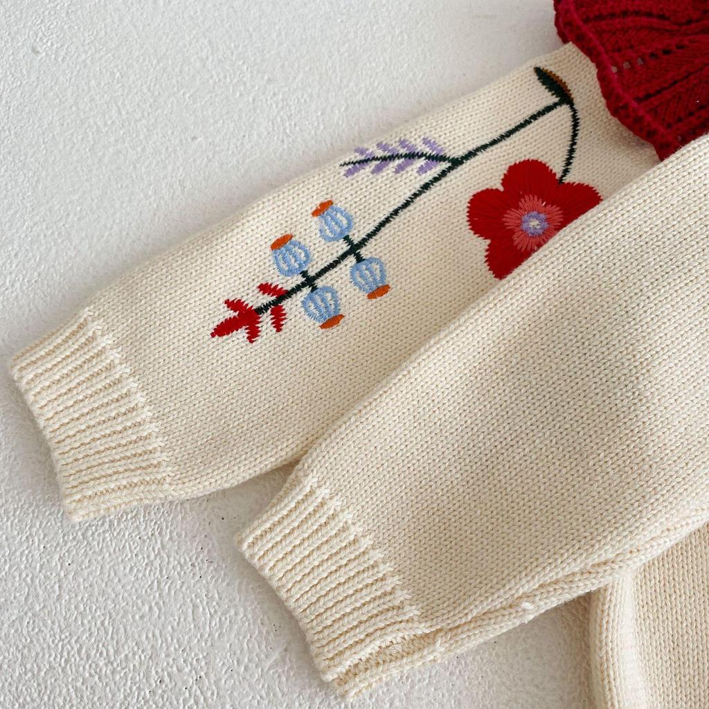 2024 Autumn Baby Girl Knitted Suit: Embroidered Top & Lace Pants Set