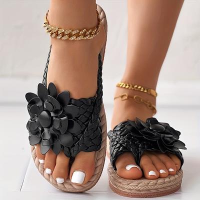 Women's Flower Flat Flip Flops, Boho Style Braided Band Open Toe Shoes, Casual Non Slip Slides