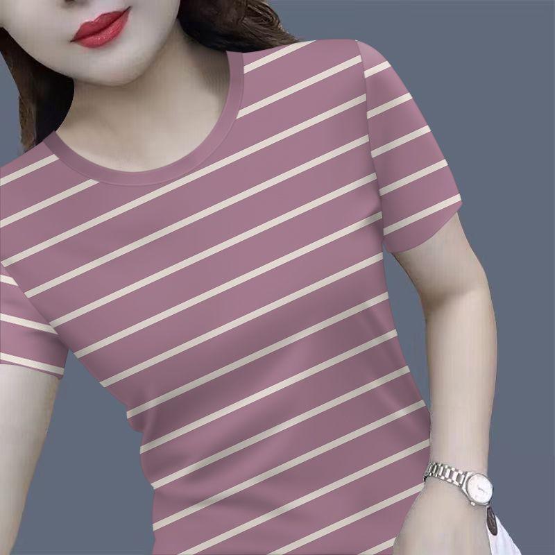 

Plus Size Women s Belly-covering Black and White Striped Short-sleeved T-shirt Women s Loose New All-match Blouse Half-sleeved 3XL фіолетовий