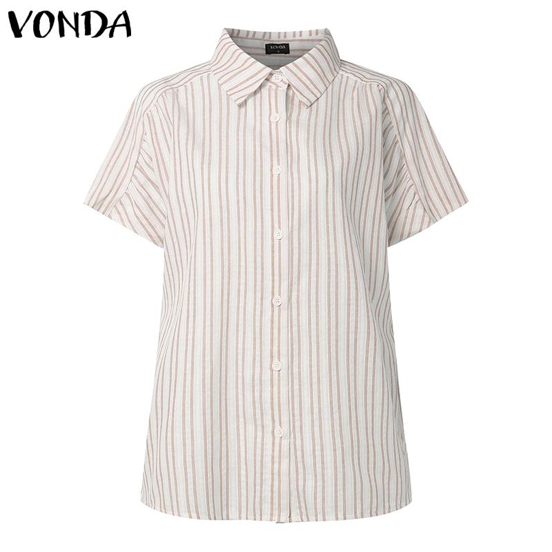 

VONDA Women Lapel Short Sleeve Striped Buttons Up Semi-Sheer Casual Blouse 5XL розовый