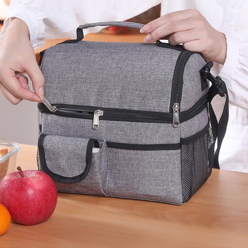 Thermal Lunch Bag with Double Compartments Insulated Cool Bag Waterproof Oxford Fabric for Office School Camping