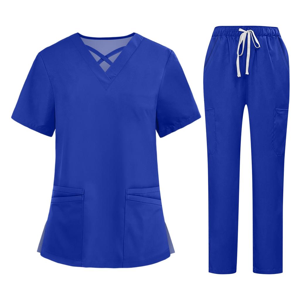 Soild Scrub Working Uniform Suit For Women's Cross V-Neck Short Sleeve Fun T-Shirts Workwear Tee With Pockets