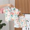 Children's Summer Full Print Leaf Flower Standing Neck Shirt Short Sleeve Set