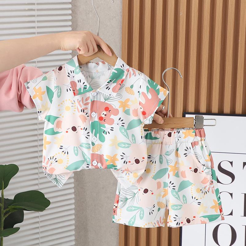 Children's Summer Full Print Leaf Flower Standing Neck Shirt Short Sleeve Set