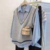 Gray V-neck Korean Style Knit Vest: Women's Sleeveless Sweater for Spring, Autumn, and Winter Layering.