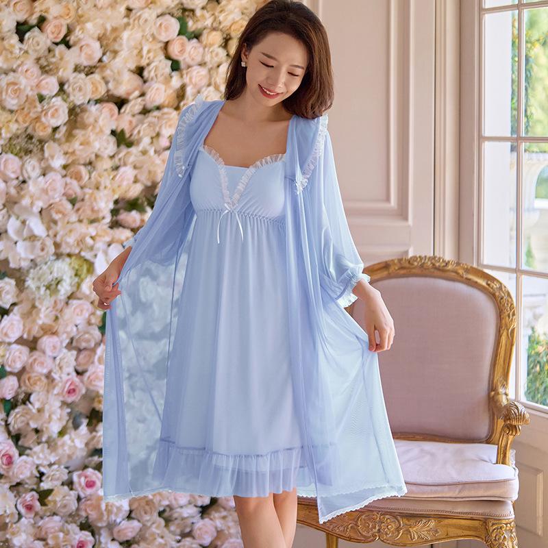 Spring Summer Fairy Style Lace-Trim Gauze Nightgown Set - Women s Comfortable French Home Wear One Size