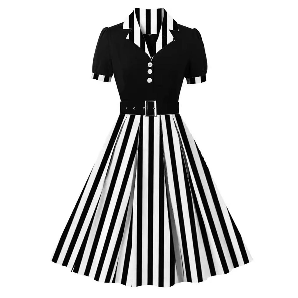 Women's Vintage Polka Dot Lapel  Short-sleeved Belt Dress