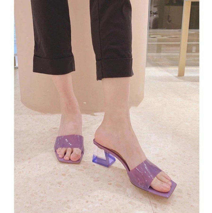 Elegante Damen Kristall Klar Transparente PVC Hausschuhe Damen Klobige Sandalen Bequeme Sommer Damen Quadratische Zehenschuhe Slides