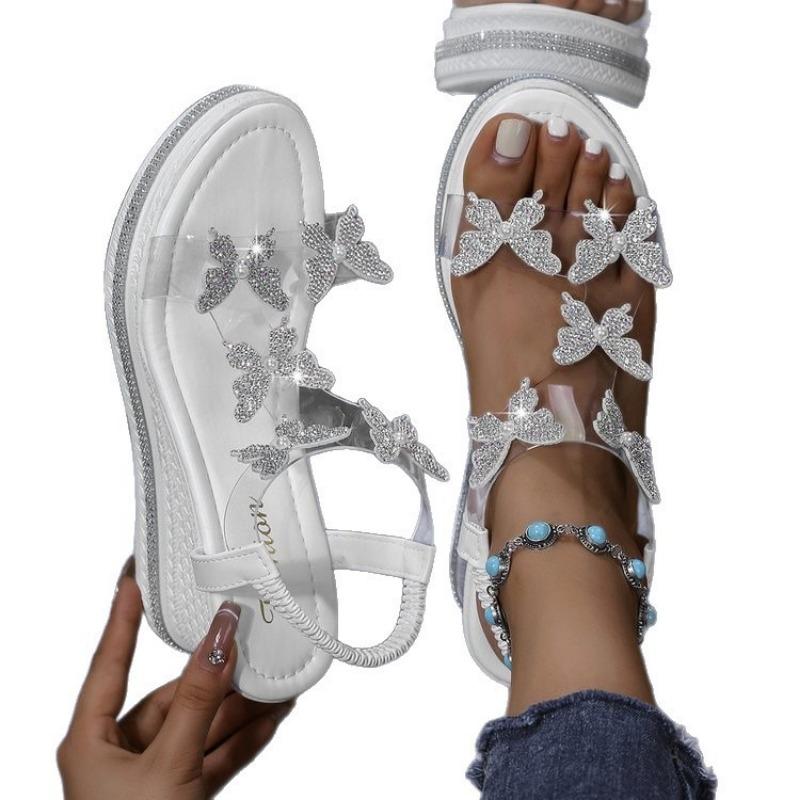 Large size rhinestone sandals women's summer wear muffin thick-soled wedge heel beach sandals