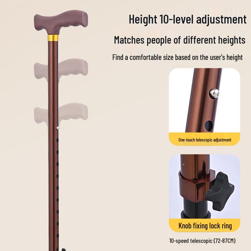 Bronze Curved Handle Aluminum Alloy Quad Cane for Seniors, Adjustable Height Non-Slip Mobility Aid
