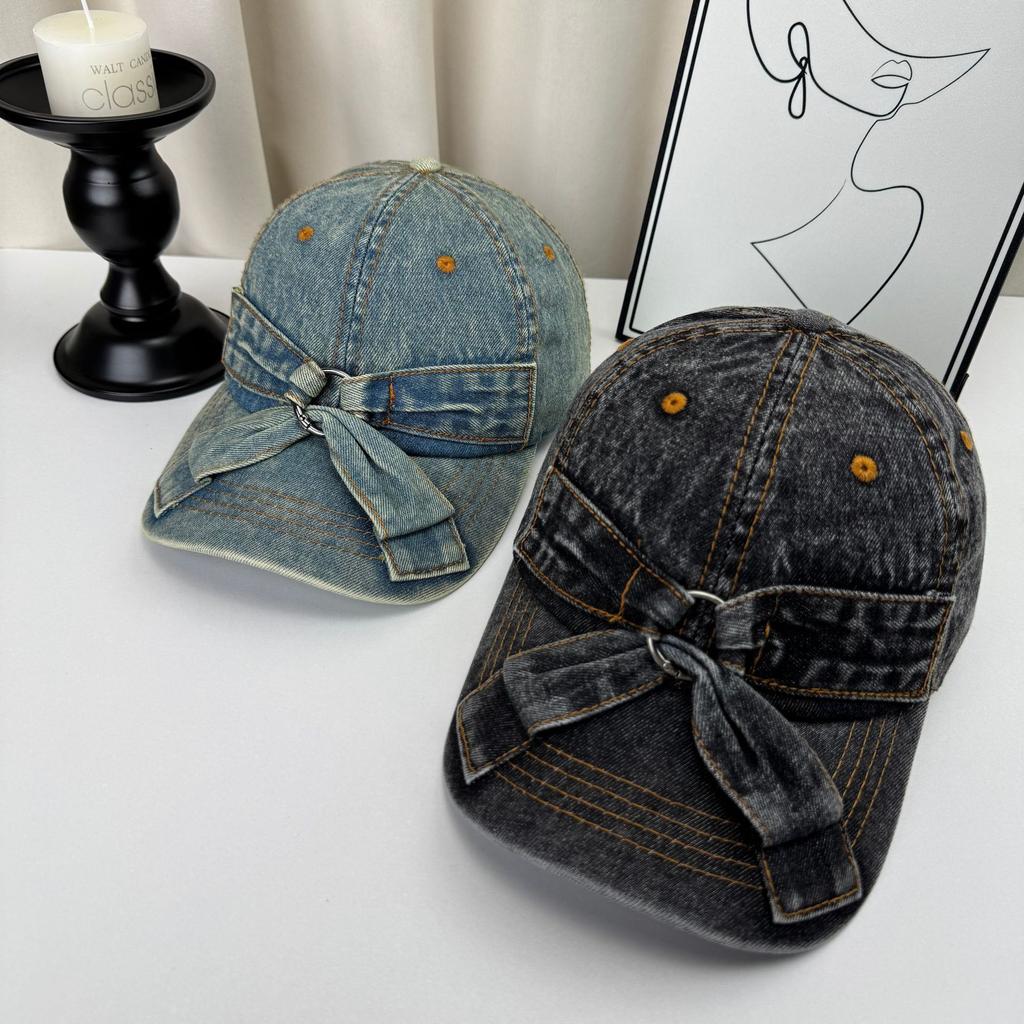 Women'S Korean Style Sweet Bow Tie Denim Baseball Cap Spring/Summer  Duckbill Sun Cap Fashion Accessory