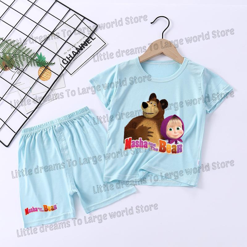 Mashas Bears Pajamas Set Girls Boys Short Sleeve T-shirt Pants Loungewear Summer Thin Nighty Clothing Tee Shorts Breathable Suit