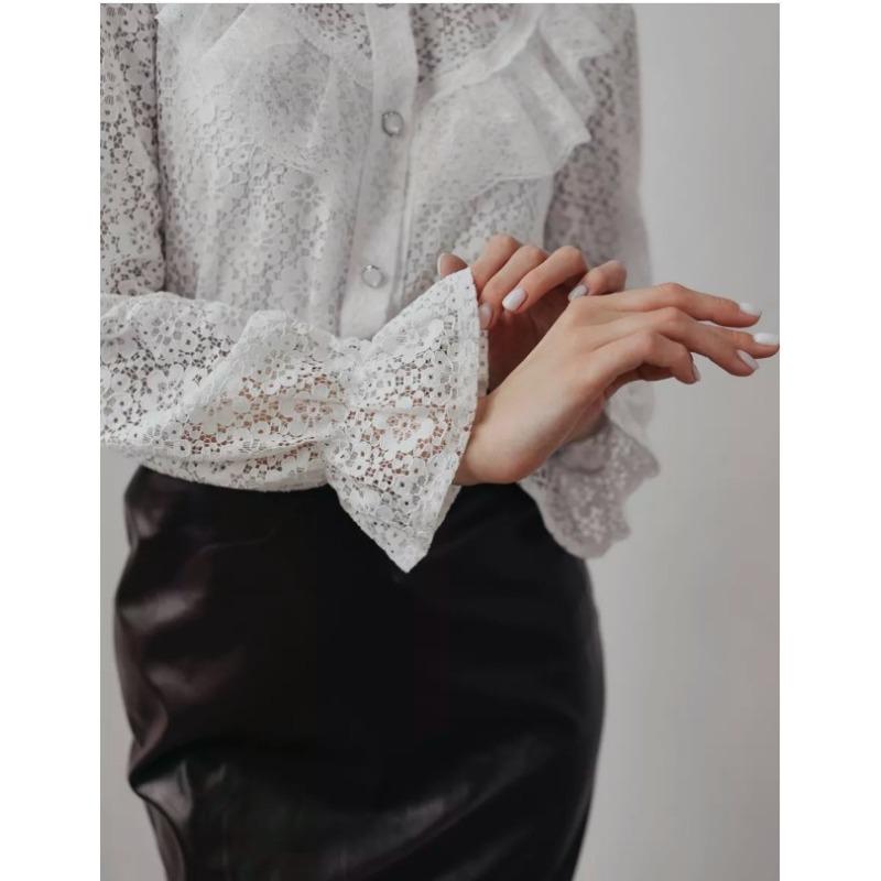 White Elegant Lace Women Shirt See Through Ruffled Fashion Spring Summer Loose Long Sleeve Blouse Female Hollow Out Lapel Fashion Sweet Tops