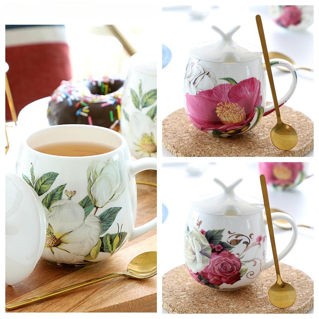 Hrnek z kostního porcelánu s víčkem a lžičkou, hrnek s velkým bříškem, 3 styly, keramický hrnek, roztomilé květinové hrnky, šálek na kávu 450 ml