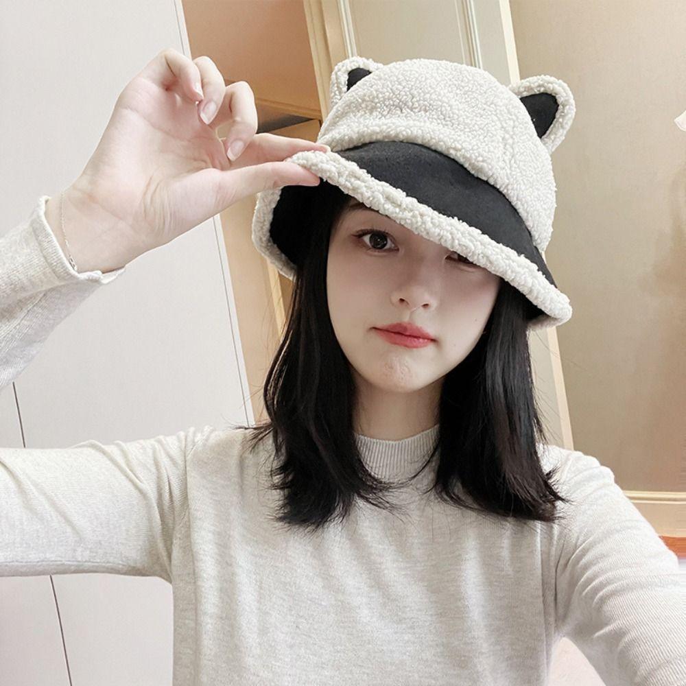 Warm Fisherman Hat Plush Winter Bucket Hat Fashion Berber Fleece Bear Ear Cap  Winter/Autumn