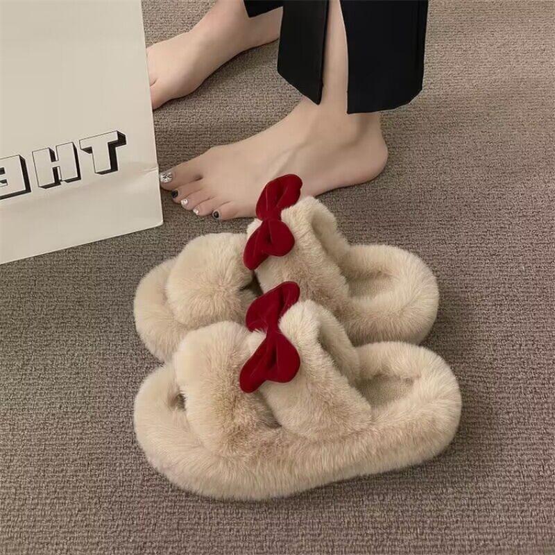 Fairy Wind Bow Hair Slippers Female Wear Superior Sense 2025 New Autumn and Winter Student Dormitory Office Cotton Flops