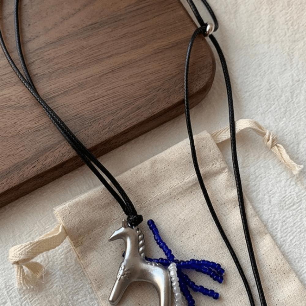 Horse Pony Pendant Necklace Sweater Chain PU Leather Necklace Wax Rope Necklace  Horse Year Gift