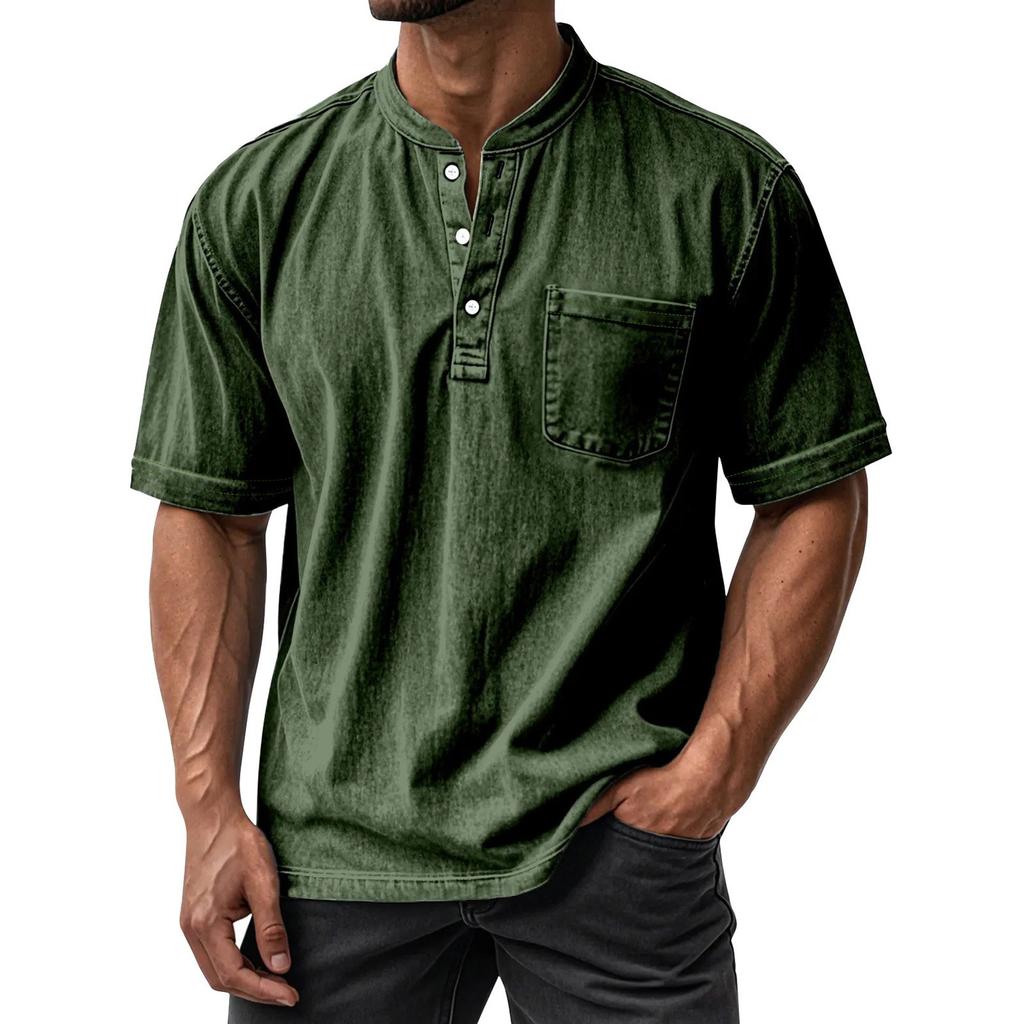 Men's Summer Round Neck Short Sleeve T-Shirt Neck Men's All- Casual Button Shirt