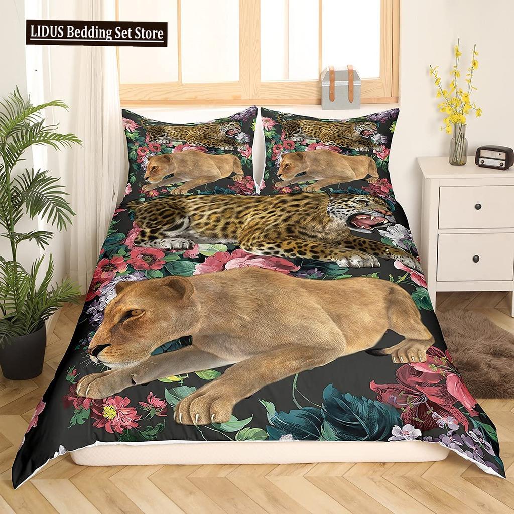 Lion Rose Duvet Cover Sets King Size Animal Floral Print Polyester Comforter Cover Nature Theme Bedding Set For Kids Adult Teens