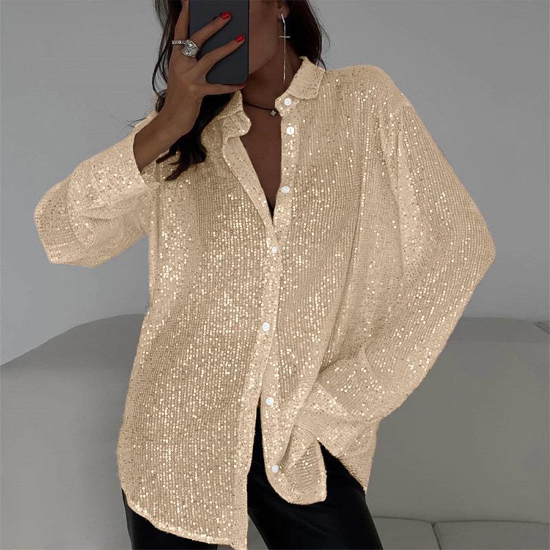2026 Sexy Sequin Sparkle Lapel Single-Breasted Long Sleeve Women's Shirt
