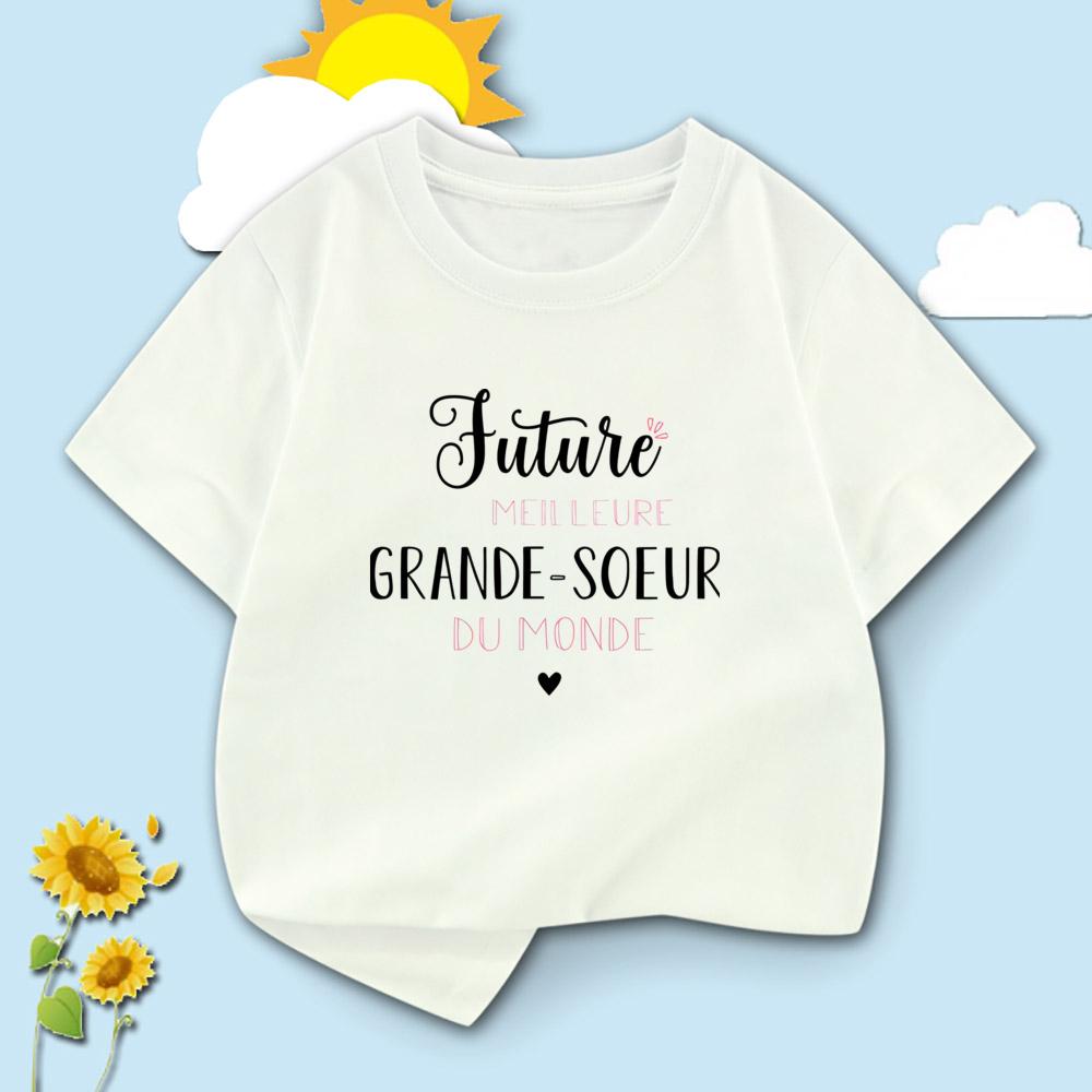 

French Future Big Sister Letter Print Kids T-shirt Short Sleeve Round Neck Child Tees Casual Pregnancy Announcement Kid Top 100