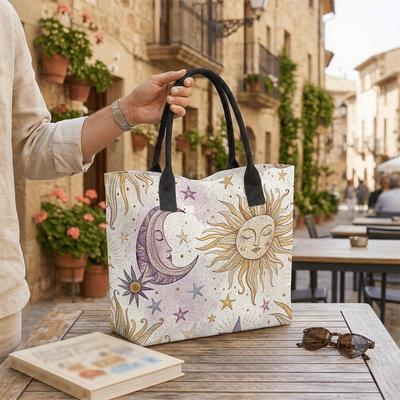  Boho Sun Moon Print Tote Bag Large Capacity Casual Reusable Shoulder Bag for Daily Shopping Travel