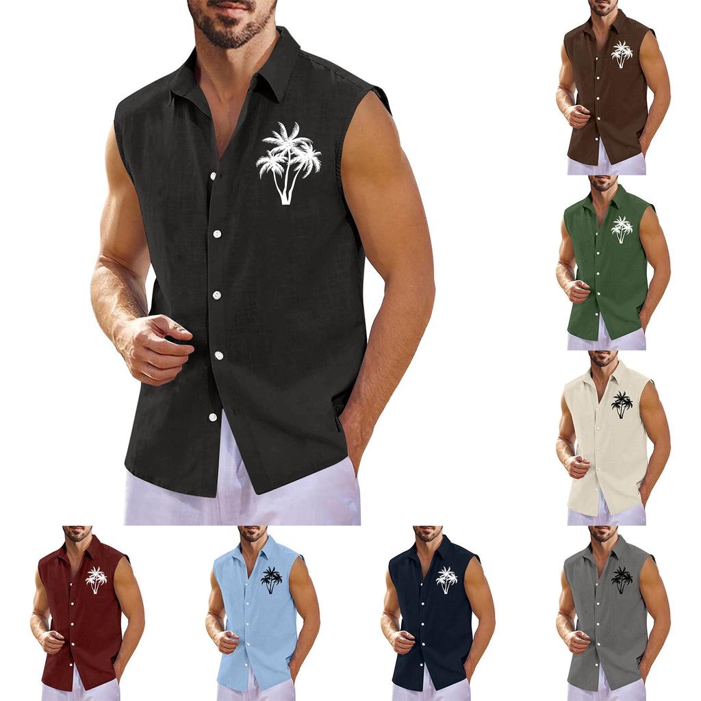 Herr Sommar Hawaiianmönstrad Ärmlös Skjorta Herr Lös Revers Ärmlös Knäppskjorta