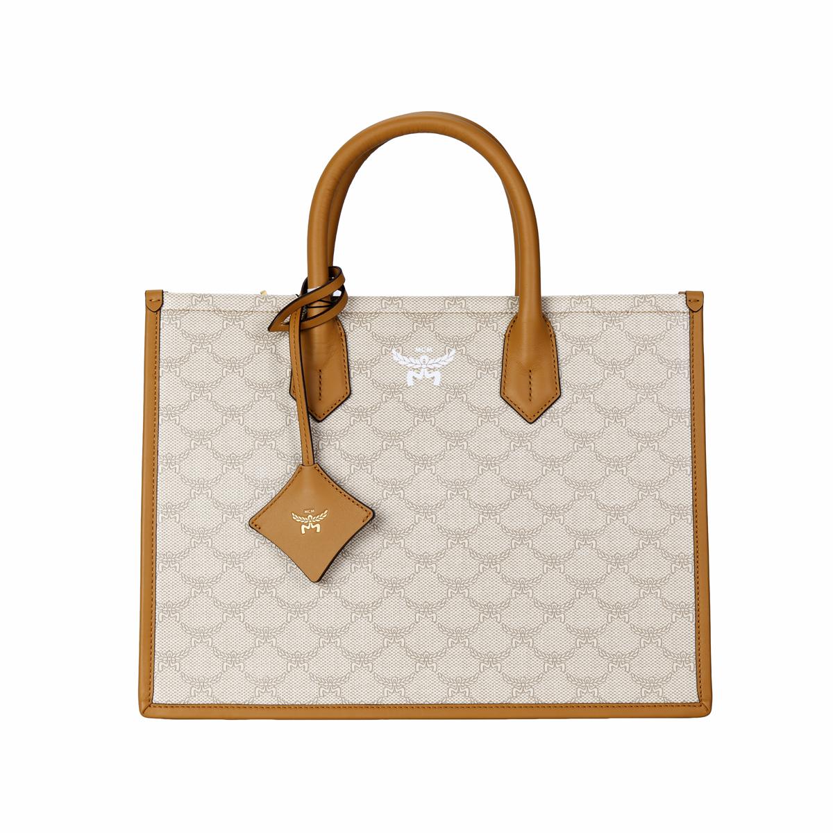 Mcm Women's Beige Himmel Lauretos Allover Print Design Canvas And Napa Leather Tote Bag Tote Bags Mwtesac02i9001