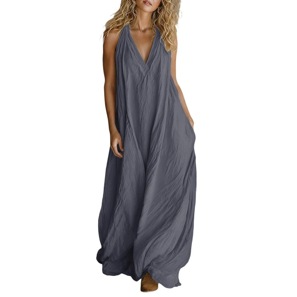 Women’s Casual Sleeveless Loose Fit V Neck Maxi Dress with Pockets Lightweight Solid Relaxed Long Sundress for Daily Wear