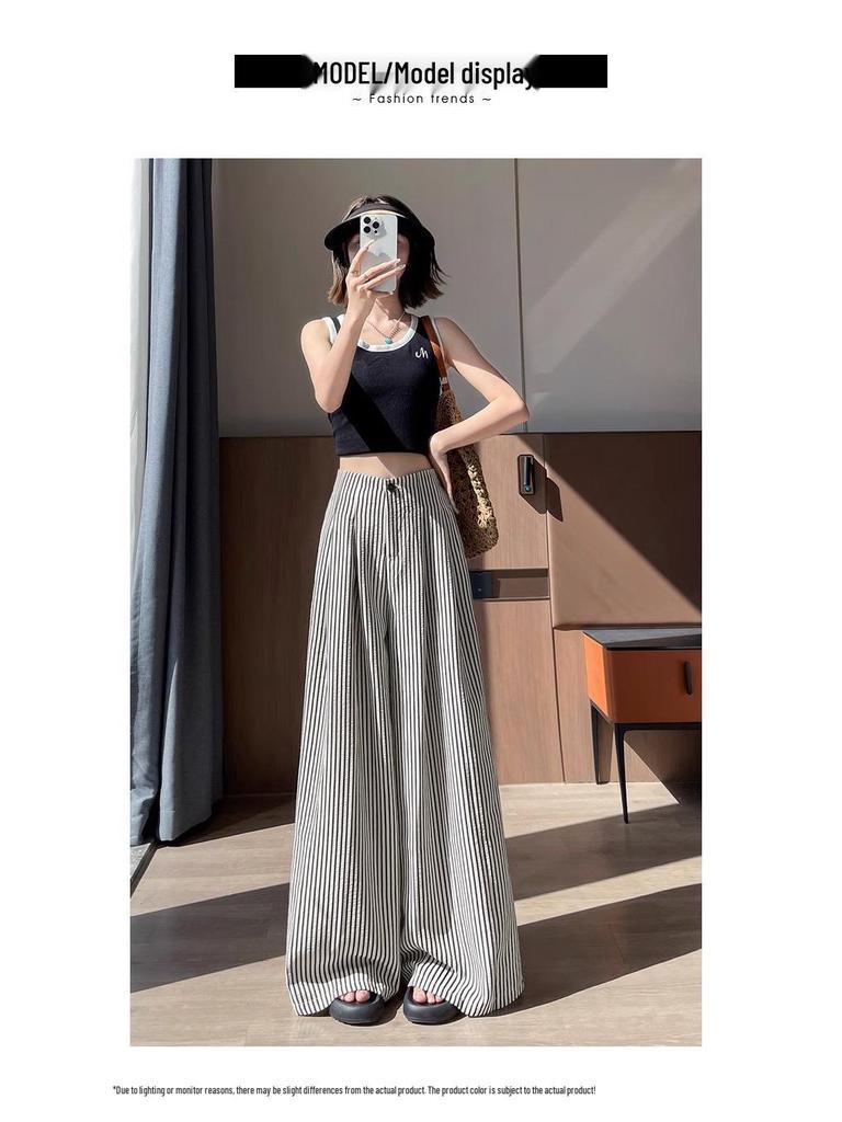 Spicy Girl 2025 Summer Ice Silk Striped Wide-Leg Pants - Plus Size, Casual, Hip-Hugging, Lazy Style