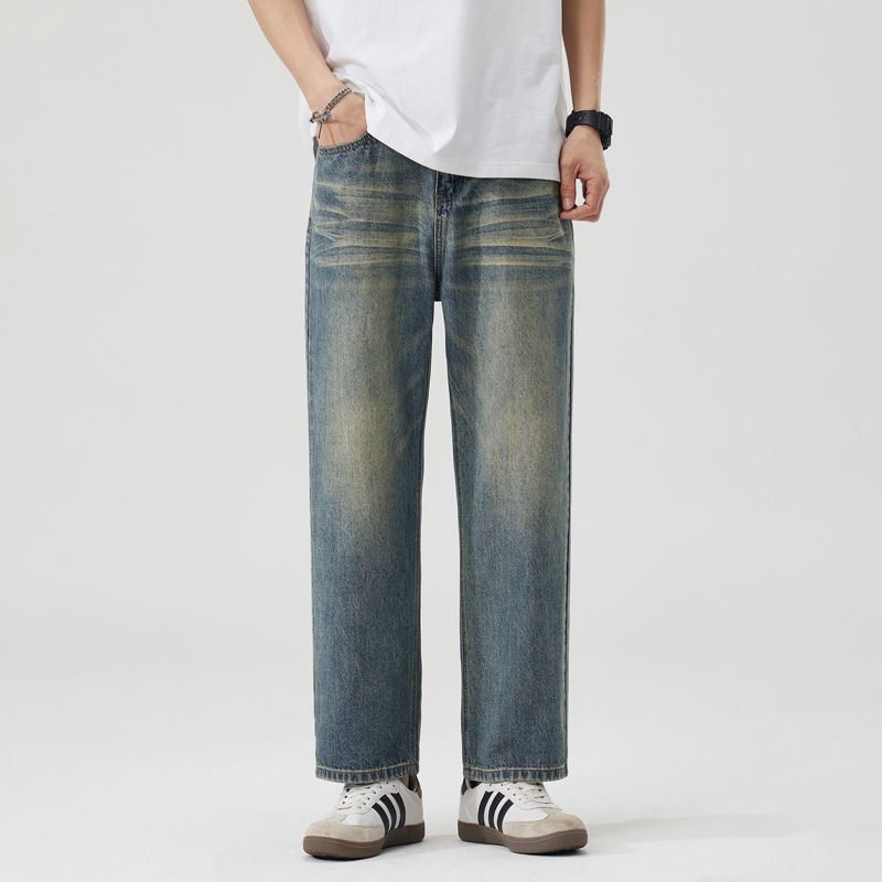 American retro trendy brand washed old nine-point jeans men's summer new loose wide-leg straight ripped pants