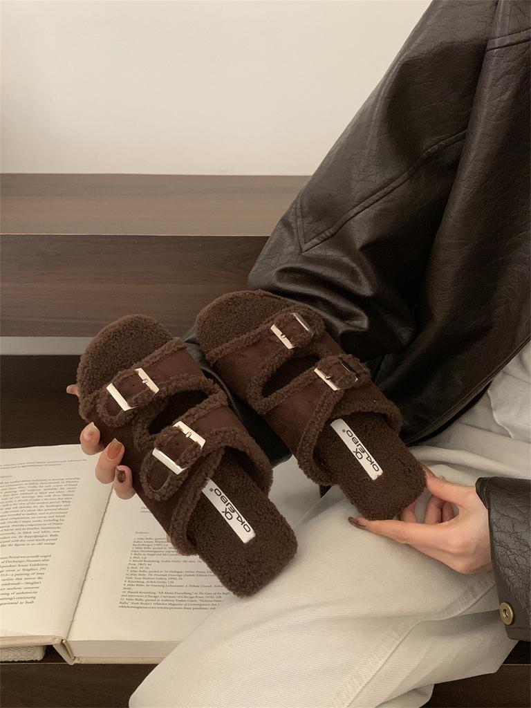 Belt Buckle Retro Birkenstock Fluffy Slippers for Women's Outer Wear 2025 New Autumn and Winter Indoor Flat-bottomed Velvet Cotton Slippers