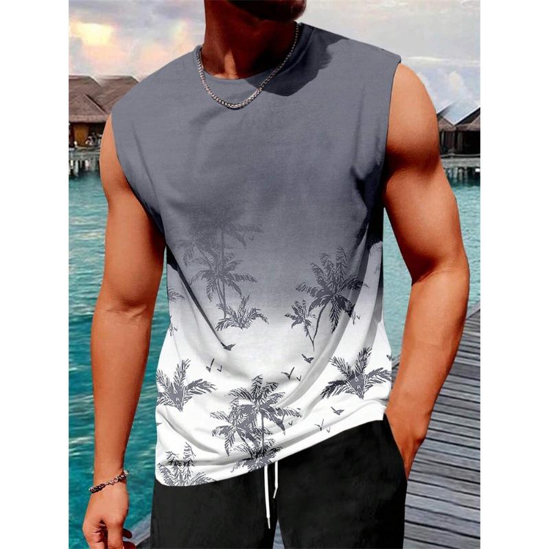 Nueva Moda Puesta de Sol Palmera Camiseta sin Mangas para Hombre Gráfico Tropical sin Mangas para Hombre Chaleco Vacaciones de Verano Atuendos Casuales de Vacaciones