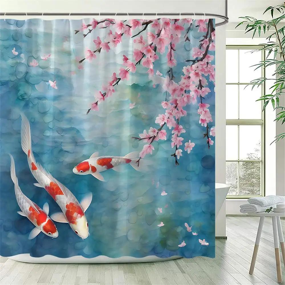 Pink Floral Carp Shower Curtains Watercolour Cherry Blossom Flowers Koi Fish Polyester Fabric Bathroom Curtain Decor with Hooks
