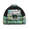 Mens Oversized Cotton Puffer Jacket With Colorblock Map Print Hoodless Winter Coat Teens Casual Wear